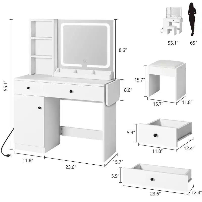 Coiffeuse de Maquillage avec Miroir et Lumières, Ensemble Coiffeuse avec Prise & Tiroirs & Étagère Ouverte & Meuble de Rangement, Ensemble Table de Maquillage pour Chambre à Coucher