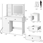 Coiffeuse de Maquillage avec Miroir et Lumières, Ensemble Coiffeuse avec Prise & Tiroirs & Étagère Ouverte & Meuble de Rangement, Ensemble Table de Maquillage pour Chambre à Coucher