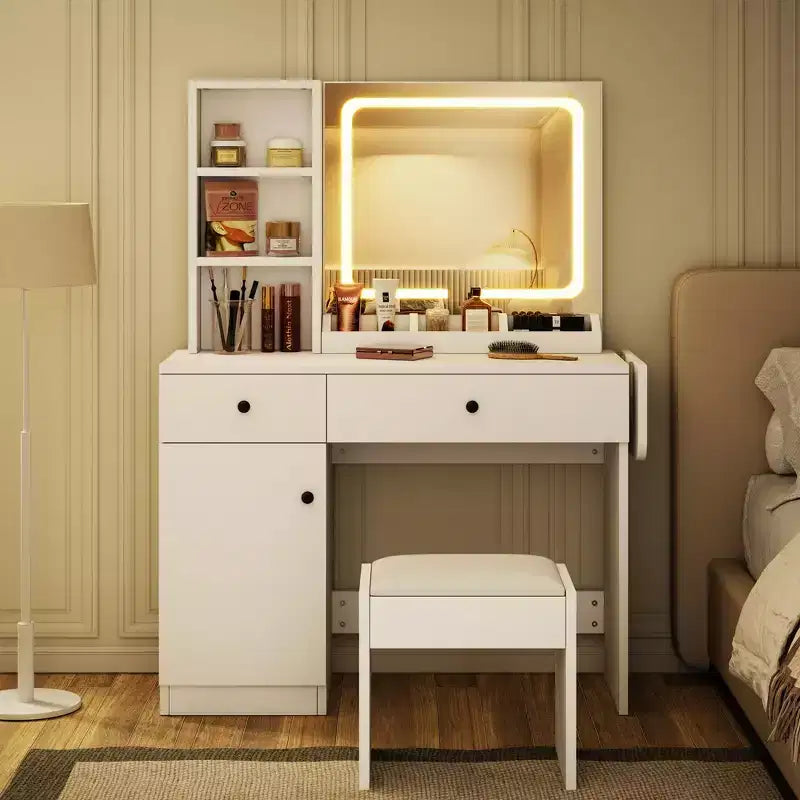 Coiffeuse de Maquillage avec Miroir et Lumières, Ensemble Coiffeuse avec Prise & Tiroirs & Étagère Ouverte & Meuble de Rangement, Ensemble Table de Maquillage pour Chambre à Coucher