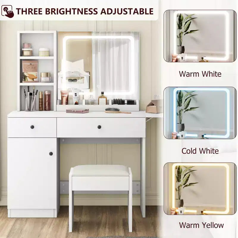 Coiffeuse de Maquillage avec Miroir et Lumières, Ensemble Coiffeuse avec Prise & Tiroirs & Étagère Ouverte & Meuble de Rangement, Ensemble Table de Maquillage pour Chambre à Coucher
