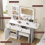 Coiffeuse de Maquillage avec Miroir et Lumières, Ensemble Coiffeuse avec Prise & Tiroirs & Étagère Ouverte & Meuble de Rangement, Ensemble Table de Maquillage pour Chambre à Coucher