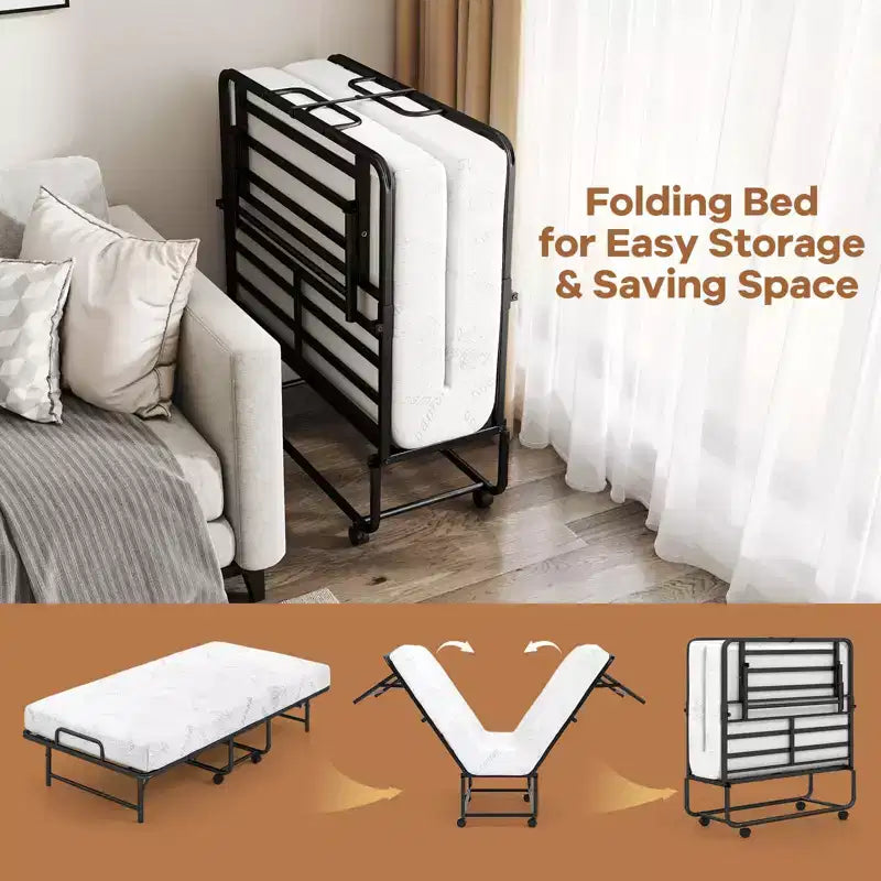 Lit pliant double Costway avec matelas de 5 pouces, matelas en mousse à mémoire de forme et cadre à lattes métalliques