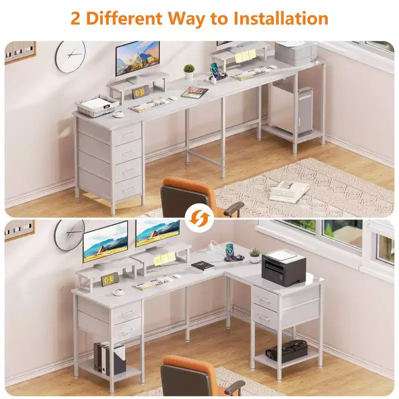Bureau d'angle en forme de L Qwatto de 150 cm blanc avec station de charge, bureau de jeu pour deux personnes, 4 tiroirs, 2 supports d'écran, poste de travail de bureau à domicile.