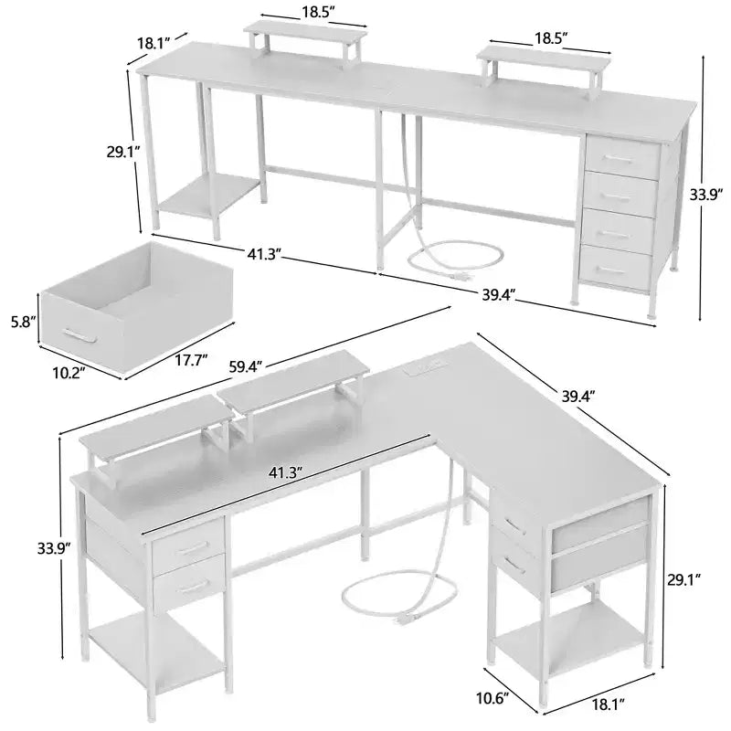 Bureau d'angle en forme de L Qwatto de 150 cm blanc avec station de charge, bureau de jeu pour deux personnes, 4 tiroirs, 2 supports d'écran, poste de travail de bureau à domicile.