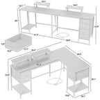 Bureau d'angle en forme de L Qwatto de 150 cm blanc avec station de charge, bureau de jeu pour deux personnes, 4 tiroirs, 2 supports d'écran, poste de travail de bureau à domicile.