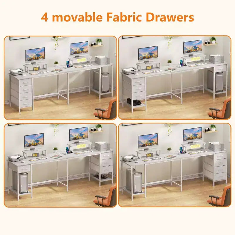 Bureau d'angle en forme de L Qwatto de 150 cm blanc avec station de charge, bureau de jeu pour deux personnes, 4 tiroirs, 2 supports d'écran, poste de travail de bureau à domicile.