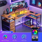 55 Inch Brown L Shaped Computer Desk with Charging Station Reversible Gaming Desk LED Lights File Cabinet Monitor Stand Storage Shelves Home Office