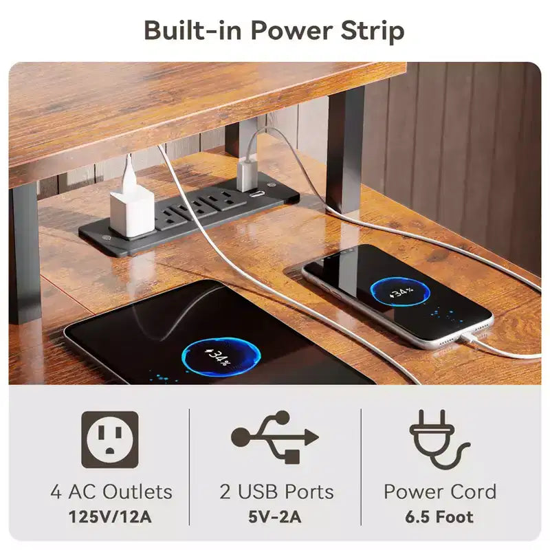 Bureau d'ordinateur d'angle en L marron de 55 pouces avec station de charge, bureau de jeu réversible, lumières LED, meuble de classement, support de moniteur, étagères de rangement, bureau à domicile