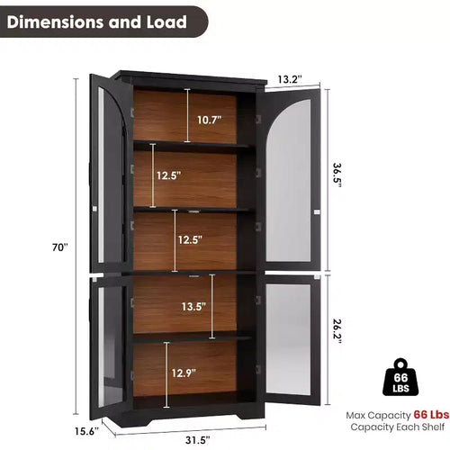 Meuble de rangement haut de 70 po - avec 4 portes en verre arqué et des étagères réglables, pour cuisine, salle à manger, salon, salle de bain