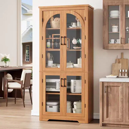 70 Tall Kitchen Pantry Cabinet - with 4 Arched Glass Doors and Adjustable Shelves, for Kitchen, Dining Room, Living Room, Bathroom