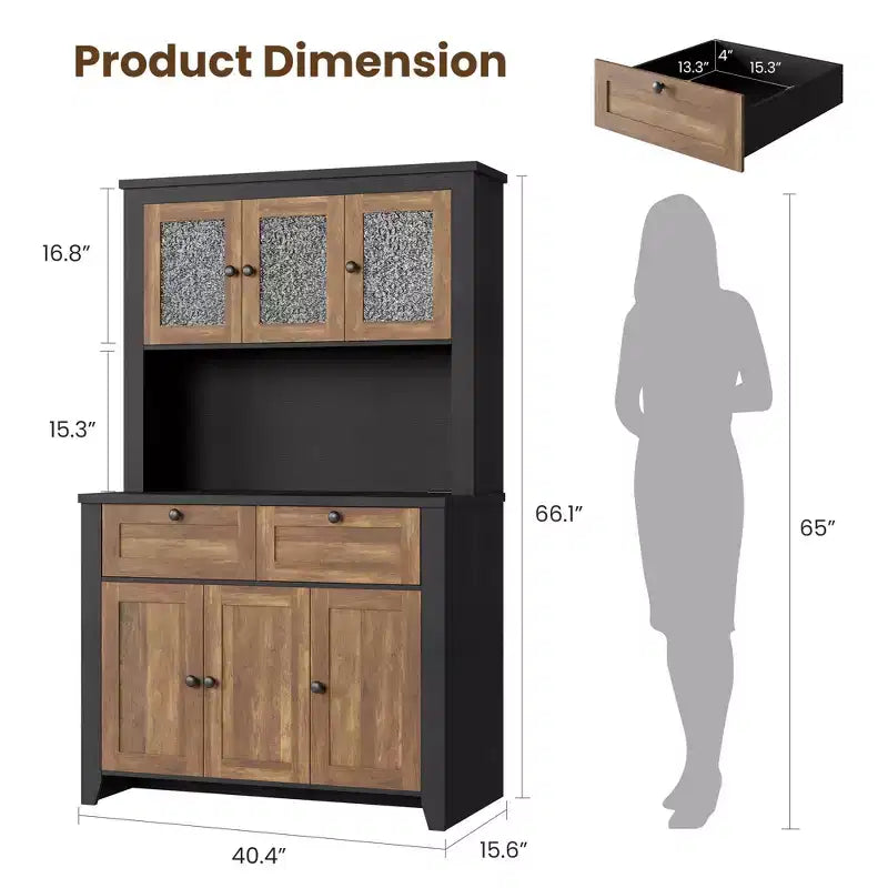 Armoire de cuisine haute de 66 po avec lumières DEL et station de recharge, armoire de rangement de cuisine, buffet de cuisine, bar à café avec tiroirs de rangement