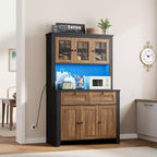 Armoire de cuisine haute de 66 po avec lumières DEL et station de recharge, armoire de rangement de cuisine, buffet de cuisine, bar à café avec tiroirs de rangement