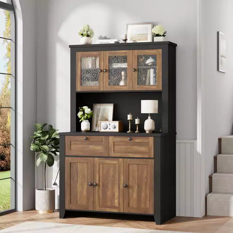 Armoire de cuisine haute de 66 po avec lumières DEL et station de recharge, armoire de rangement de cuisine, buffet de cuisine, bar à café avec tiroirs de rangement