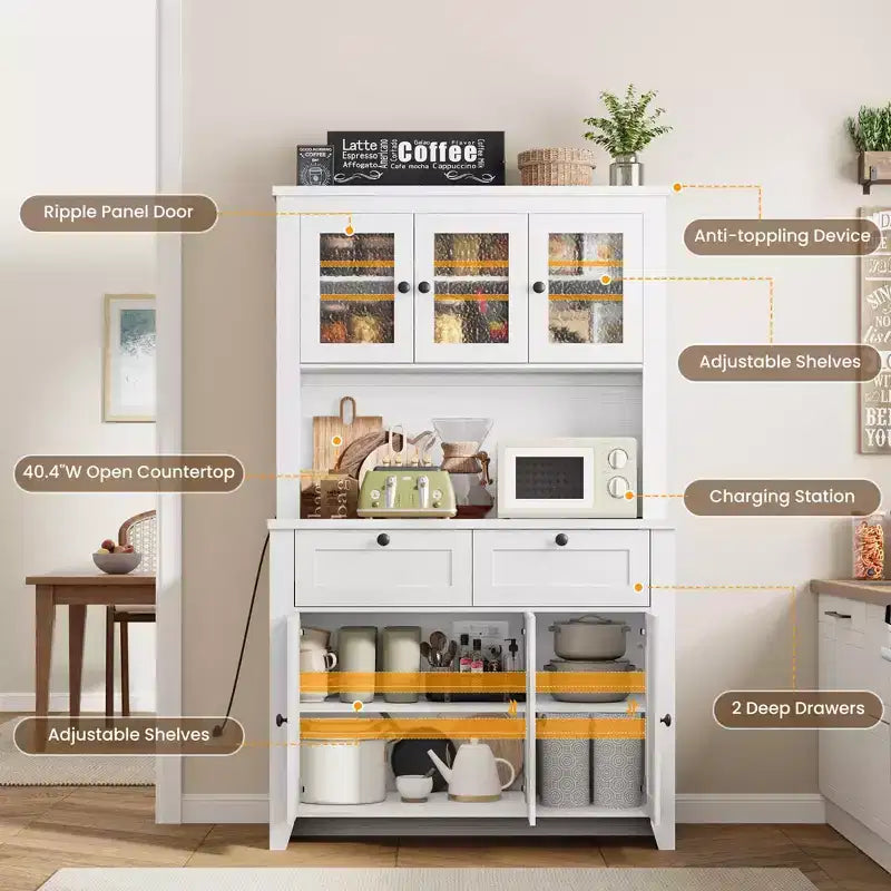 Armoire de cuisine haute de 66 po avec lumières DEL et station de recharge, armoire de rangement de cuisine, buffet de cuisine, bar à café avec tiroirs de rangement