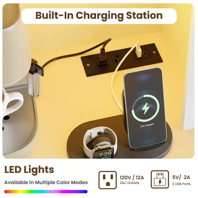 Armoire de cuisine haute de 66 po avec lumières DEL et station de recharge, armoire de rangement de cuisine, buffet de cuisine, bar à café avec tiroirs de rangement