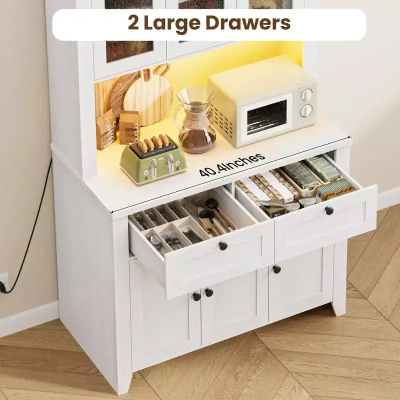 Armoire de cuisine haute de 66 po avec lumières DEL et station de recharge, armoire de rangement de cuisine, buffet de cuisine, bar à café avec tiroirs de rangement