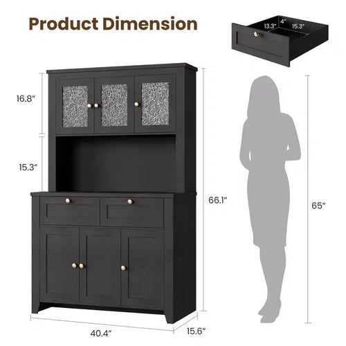 Armoire de cuisine haute de 66 po avec lumières DEL et station de recharge, armoire de rangement de cuisine, buffet de cuisine, bar à café avec tiroirs de rangement