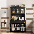 Armoire de cuisine haute de 66 po avec lumières DEL et station de recharge, armoire de rangement de cuisine, buffet de cuisine, bar à café avec tiroirs de rangement