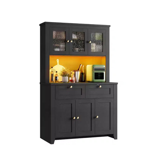 66 Tall Pantry Cabinet with LED Lights & Charging Station, Kitchen Pantry Storage Cabinet Kitchen Hutch Coffee Bar with Storage Drawers
