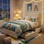 Full Size Teddy Fleece Bed Frame, Upholstered Platform Bed with 2 Storage Drawers, Height Adjustable Cloud Headboard, No Box Spring Required