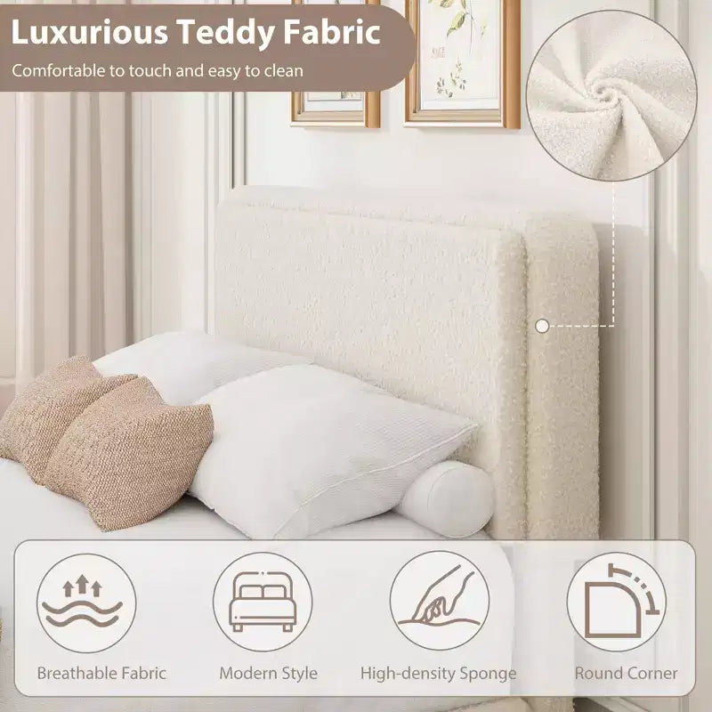Cadre de lit en polaire Teddy pleine grandeur, lit plateforme rembourré avec 2 tiroirs de rangement, tête de lit nuage réglable en hauteur, aucun sommier tapissier requis