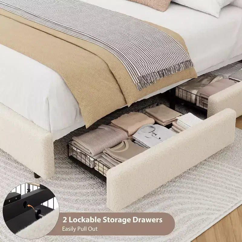 Cadre de lit en polaire Teddy pleine grandeur, lit plateforme rembourré avec 2 tiroirs de rangement, tête de lit nuage réglable en hauteur, aucun sommier tapissier requis