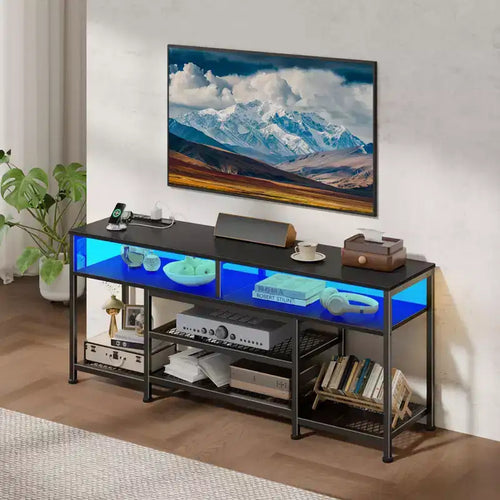 55 Inch Black TV Stand with Charging Station LED Lights Entertainment Center for TVs up to 60 Inch Media Console Storage Shelves Living Room Bedroom