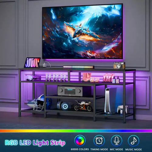 Meuble TV noir de 55 pouces avec station de charge, lumières LED, centre de divertissement pour TV jusqu'à 60 pouces, étagères de rangement pour console multimédia, salon, chambre à coucher