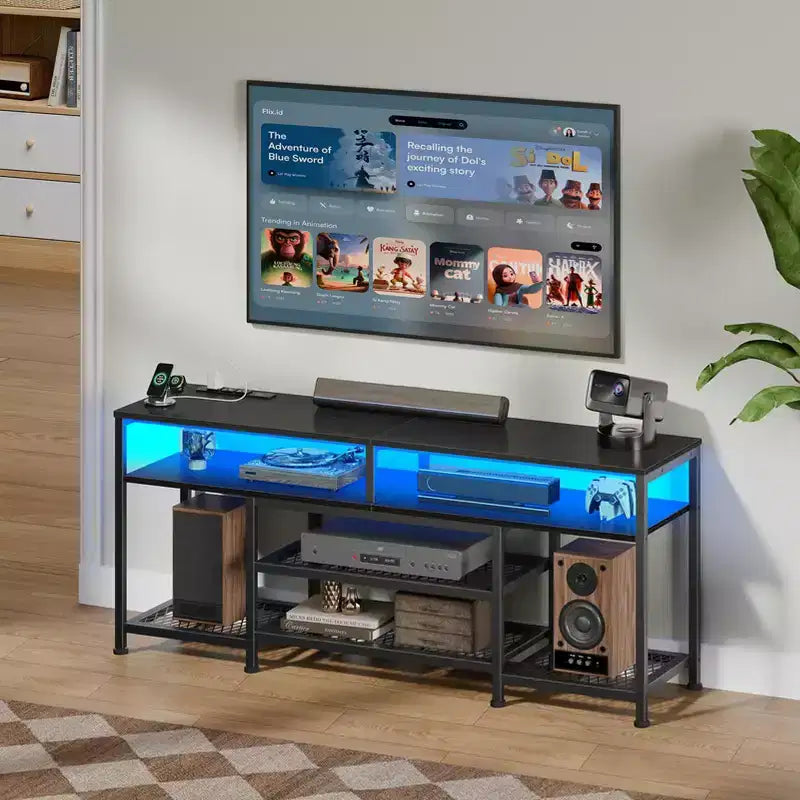 Meuble TV noir de 55 pouces avec station de charge, lumières LED, centre de divertissement pour TV jusqu'à 60 pouces, étagères de rangement pour console multimédia, salon, chambre à coucher