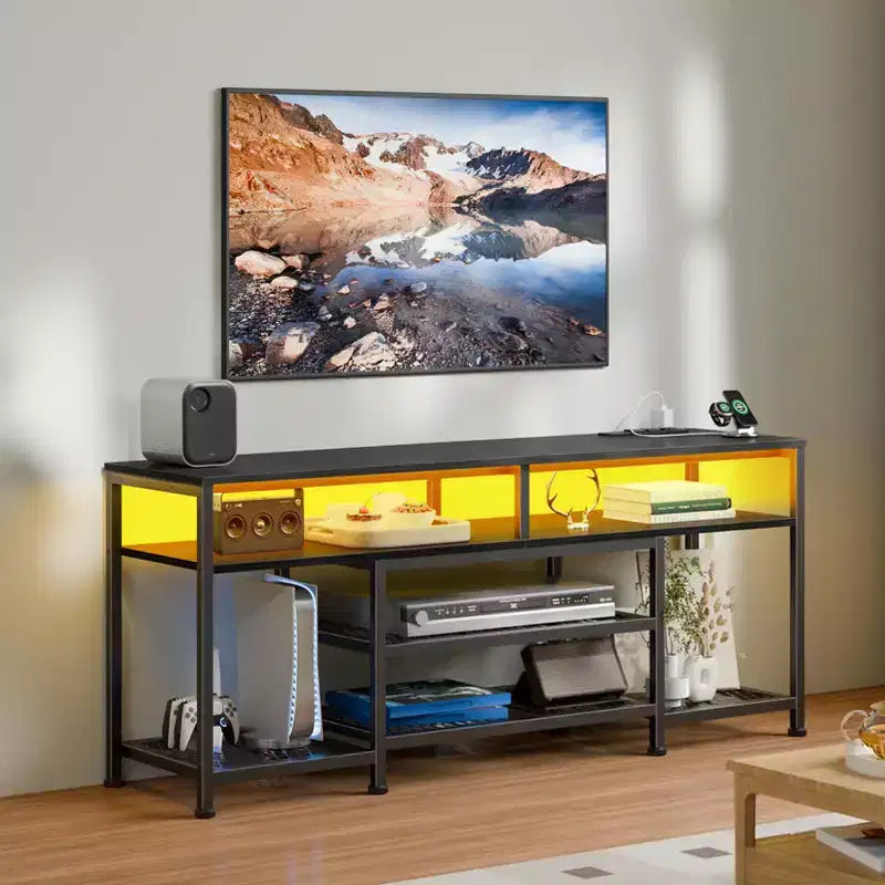 Meuble TV noir de 55 pouces avec station de charge, lumières LED, centre de divertissement pour TV jusqu'à 60 pouces, étagères de rangement pour console multimédia, salon, chambre à coucher