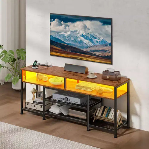 Meuble TV marron de 55 pouces avec station de charge, lumières LED, centre de divertissement pour téléviseurs jusqu'à 60 pouces, étagères de rangement pour salon et chambre à coucher