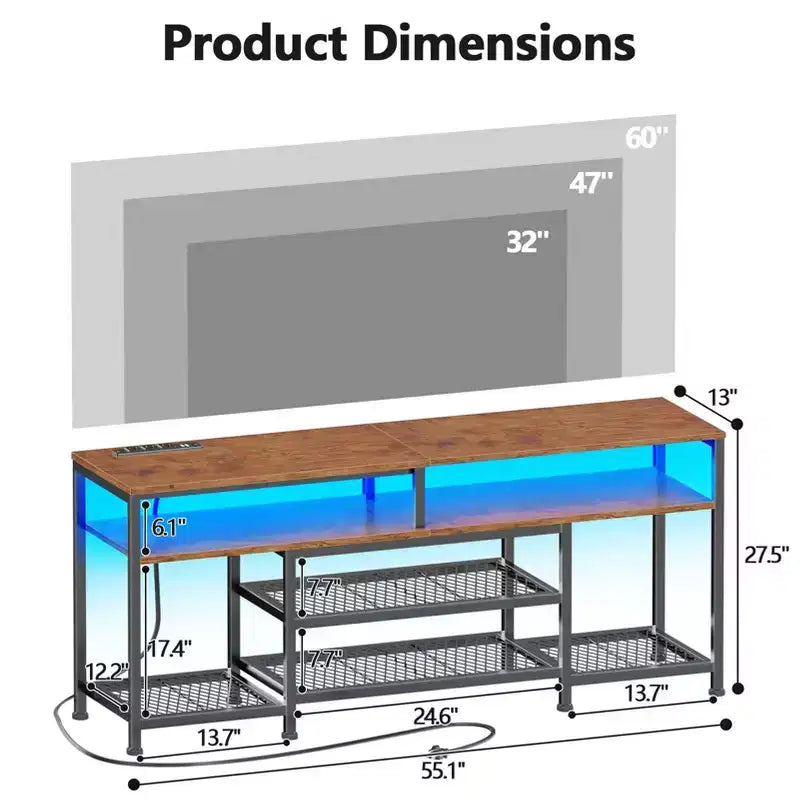 Meuble TV marron de 55 pouces avec station de charge, lumières LED, centre de divertissement pour téléviseurs jusqu'à 60 pouces, étagères de rangement pour salon et chambre à coucher