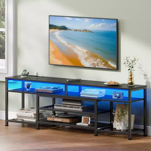 71 Inch Black TV Stand with Charging Station LED Lights Entertainment Center for TVs up to 80 Inch Media Console Storage Modern Living Room Bedroom