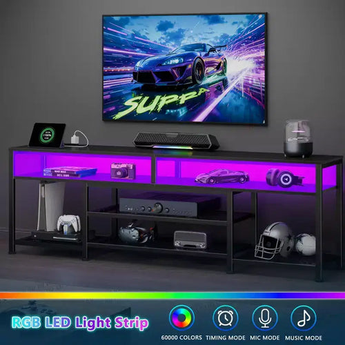 Meuble TV noir de 180 cm avec station de charge et lumières LED, meuble de divertissement pour TV jusqu'à 80 pouces, console multimédia de rangement, moderne pour salon ou chambre à coucher.