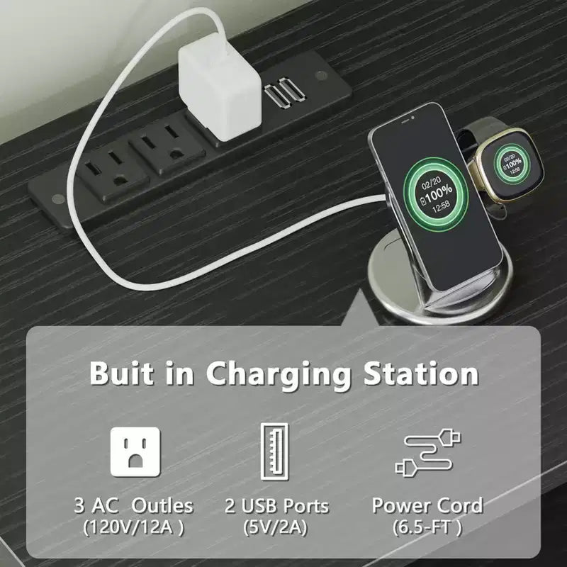 Meuble TV noir de 180 cm avec station de charge et lumières LED, meuble de divertissement pour TV jusqu'à 80 pouces, console multimédia de rangement, moderne pour salon ou chambre à coucher.