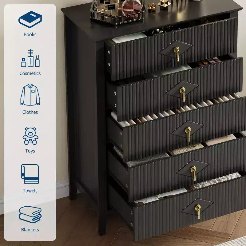 Commode à 5 tiroirs cannelés de 42,9 po de haut, commode en bois au design moderne ondulé avec poignées métalliques pour chambre et à coucher et salon
