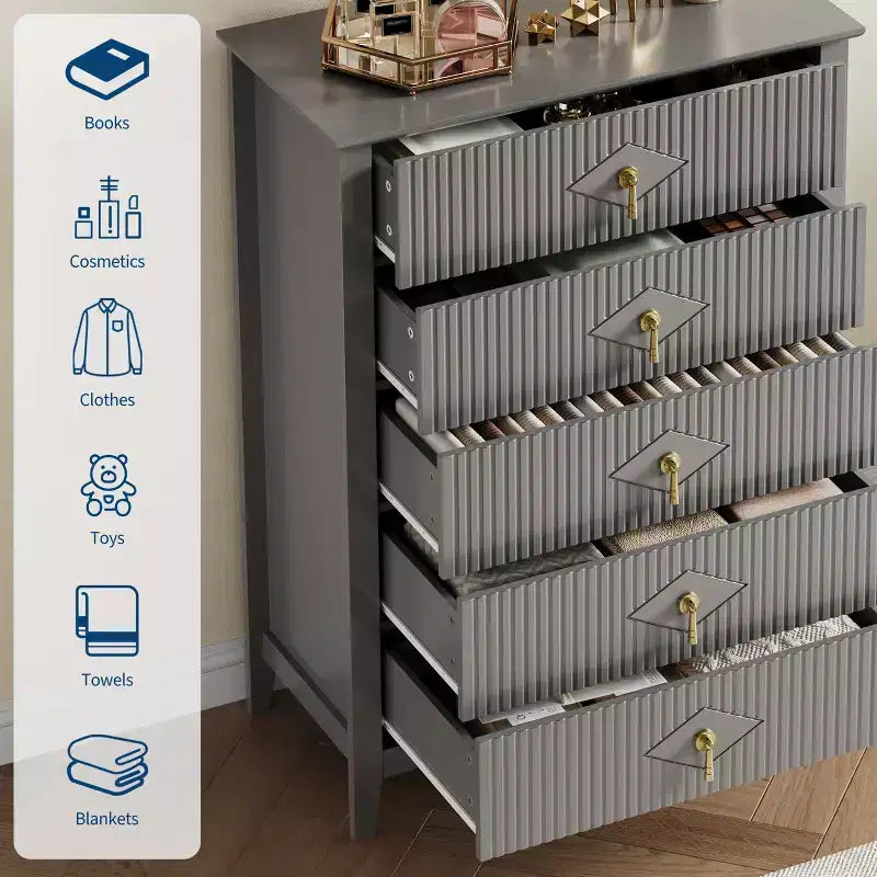 Commode à 5 tiroirs cannelés de 42,9 po de haut, commode en bois au design moderne ondulé avec poignées métalliques pour chambre et à coucher et salon