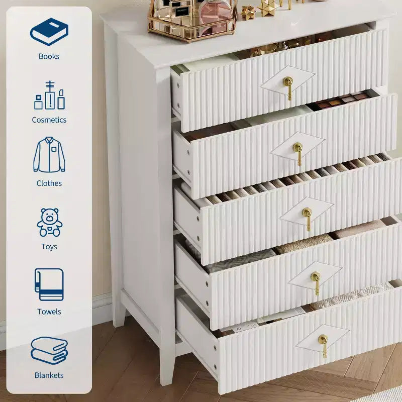 Commode à 5 tiroirs cannelés de 42,9 po de haut, commode en bois au design moderne ondulé avec poignées métalliques pour chambre et à coucher et salon