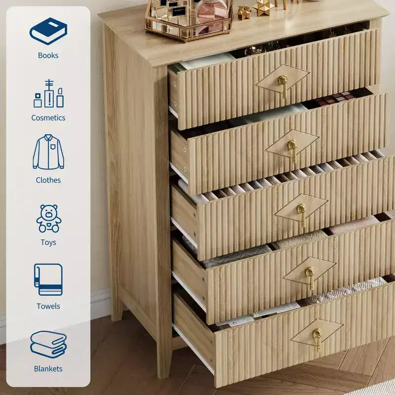 Commode à 5 tiroirs cannelés de 42,9 po de haut, commode en bois au design moderne ondulé avec poignées métalliques pour chambre et à coucher et salon