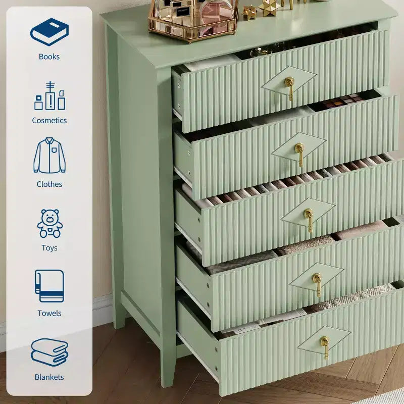 Commode à 5 tiroirs cannelés de 42,9 po de haut, commode en bois au design moderne ondulé avec poignées métalliques pour chambre et à coucher et salon