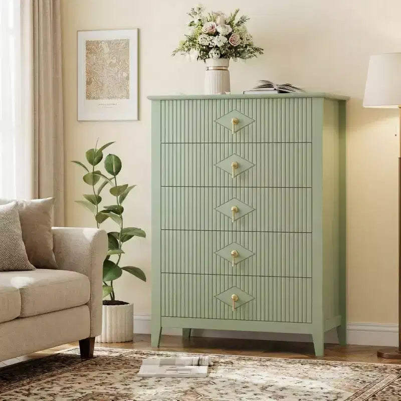 42.9 Tall 5-Drawer Fluted Dresser, Modern Wave Design Wooden Chest of Drawers with Metal Handles for Bedroom & Living Room
