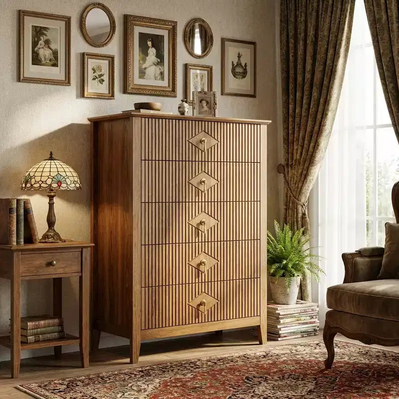 Commode à 5 tiroirs cannelés de 42,9 po de haut, commode en bois au design moderne ondulé avec poignées métalliques pour chambre et à coucher et salon