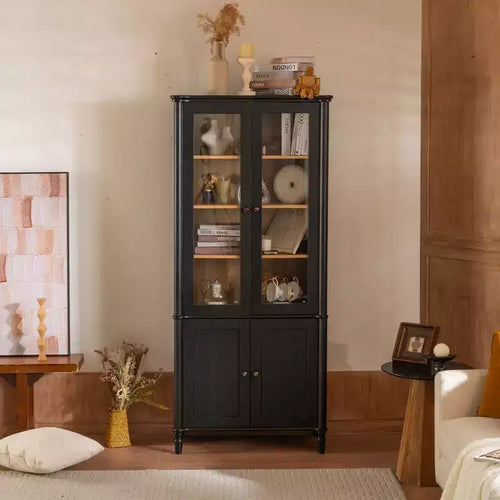 73.25 H Vintage Display Cabinet, Mid-Century Modern Bookcase with Glass Doors, Ash Wood Grain