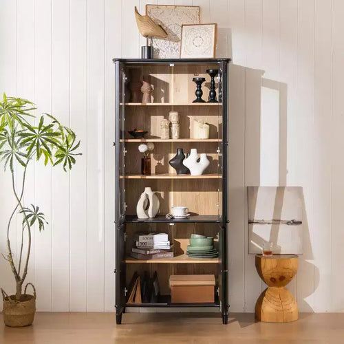 73,25 po H Vitrine vintage, bibliothèque moderne du milieu du siècle avec portes en verre, grain de bois de frêne