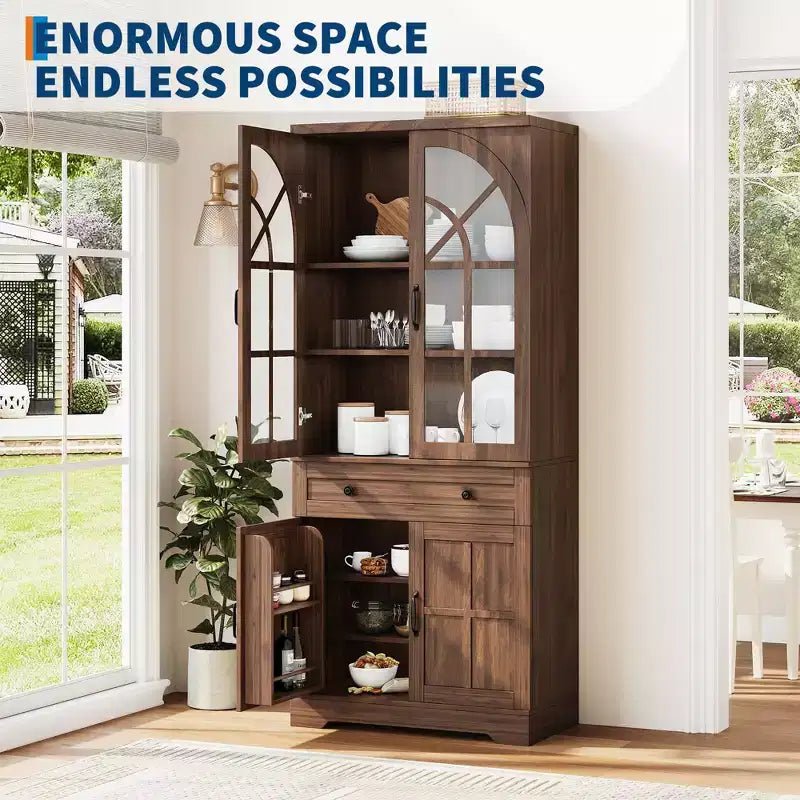 Armoire de cuisine indépendante de style ferme de 182,6 cm de haut avec portes en verre trempé et dispositif anti-basculement pour cuisine, salle à manger et salon