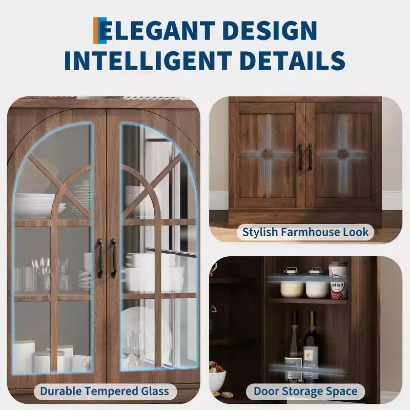 Armoire de cuisine indépendante de style ferme de 182,6 cm de haut avec portes en verre trempé et dispositif anti-basculement pour cuisine, salle à manger et salon