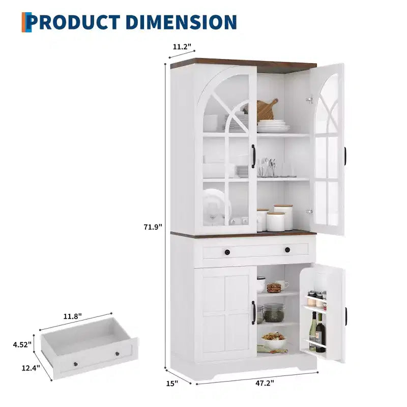 Armoire de cuisine indépendante de style ferme de 182,6 cm de haut avec portes en verre trempé et dispositif anti-basculement pour cuisine, salle à manger et salon