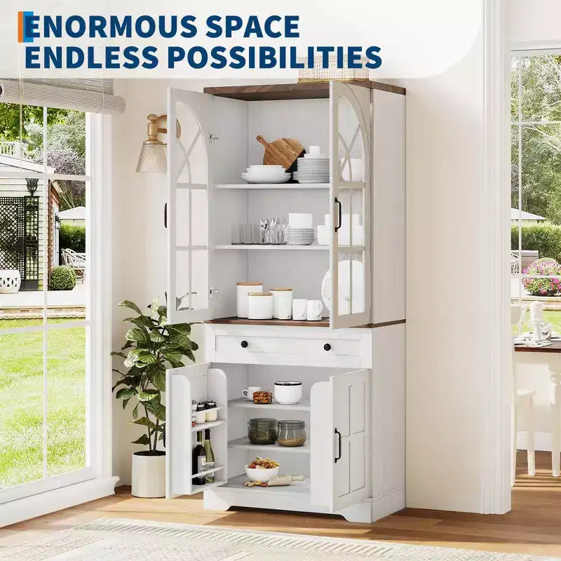 Armoire de cuisine indépendante de style ferme de 182,6 cm de haut avec portes en verre trempé et dispositif anti-basculement pour cuisine, salle à manger et salon
