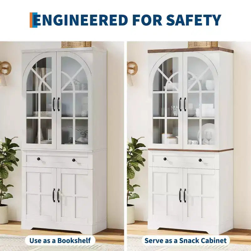 Armoire de cuisine indépendante de style ferme de 182,6 cm de haut avec portes en verre trempé et dispositif anti-basculement pour cuisine, salle à manger et salon