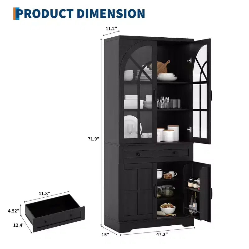Armoire de cuisine indépendante de style ferme de 182,6 cm de haut avec portes en verre trempé et dispositif anti-basculement pour cuisine, salle à manger et salon